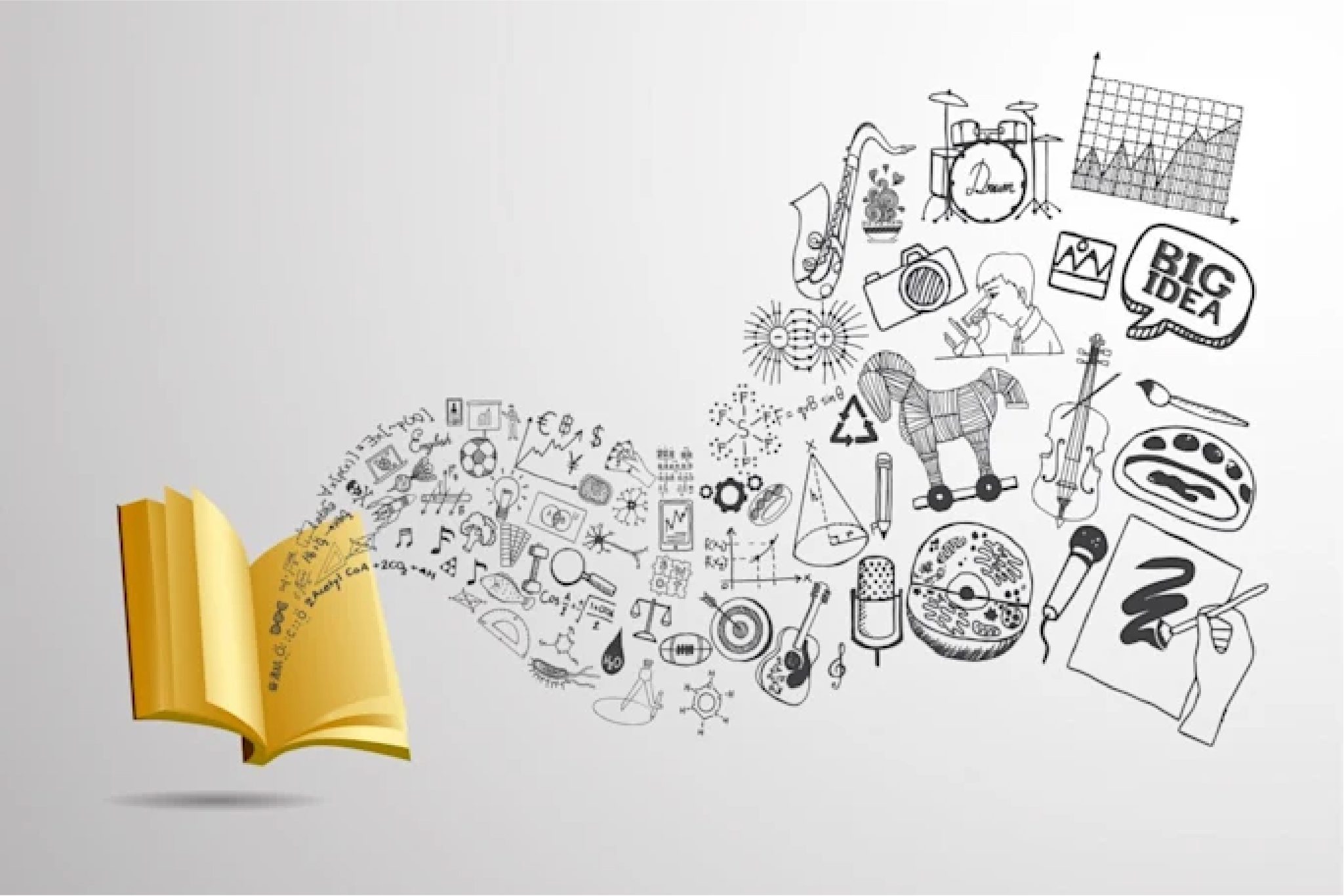 An open yellow book with black and white doodles of science, music, art, and business concepts flowing out, symbolizing creativity and knowledge.