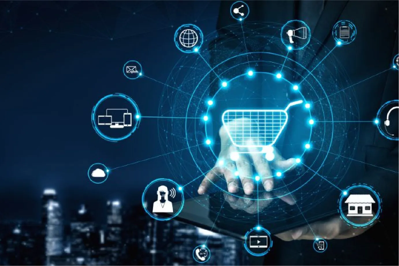 Digital concept image of a hand interacting with a shopping cart icon, surrounded by online shopping, ecommerce, and technology symbols.