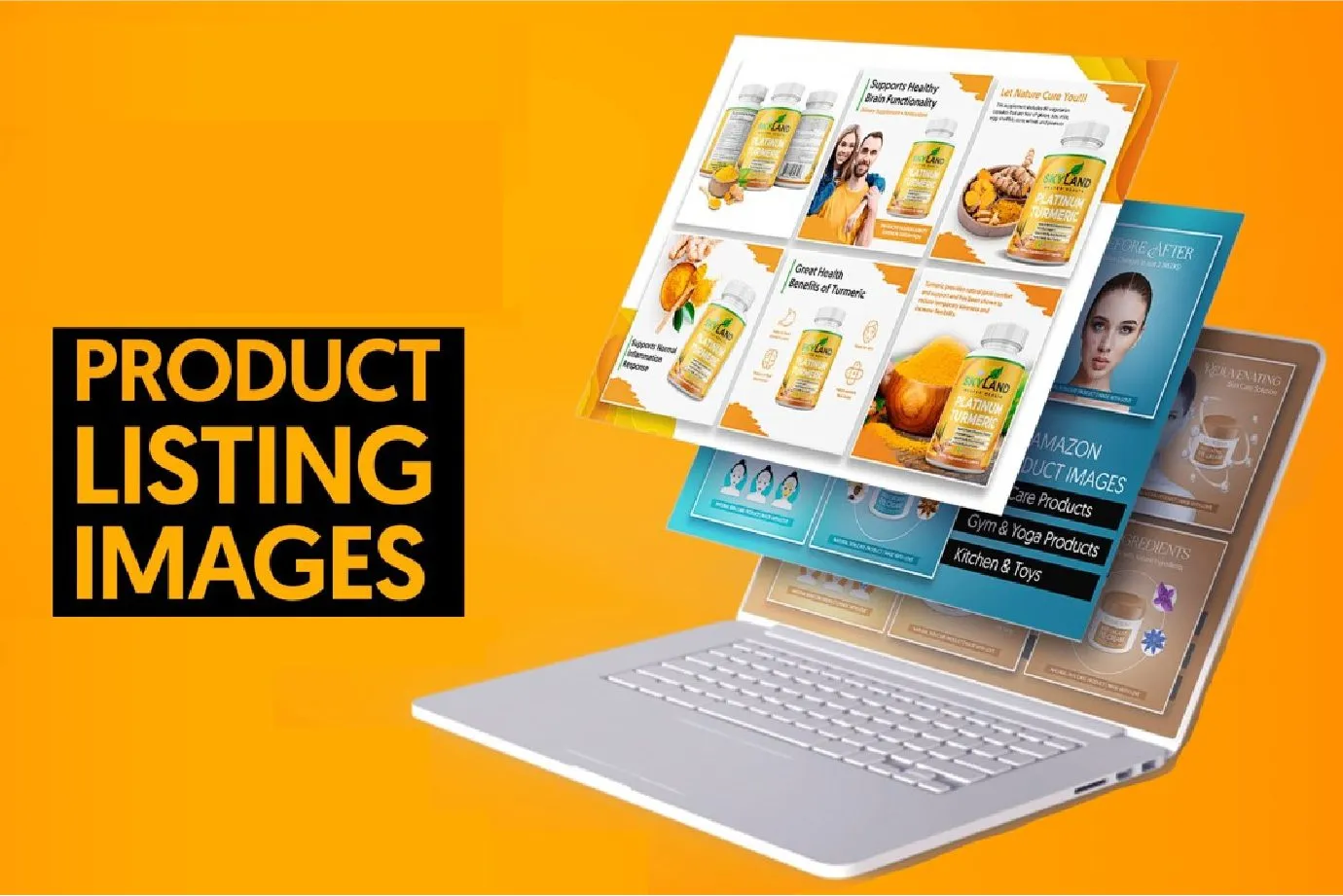 Laptop displaying multiple e-commerce product listing images with health supplements and beauty products