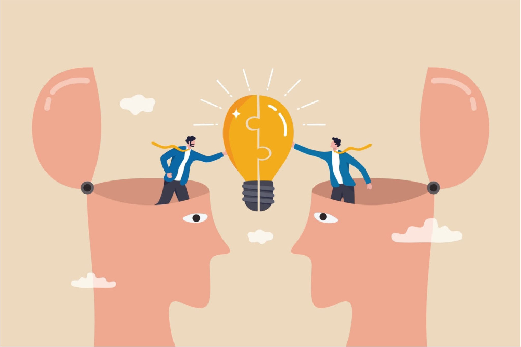 Two businesspeople sharing a light bulb idea between open heads, symbolizing teamwork and knowledge exchange.