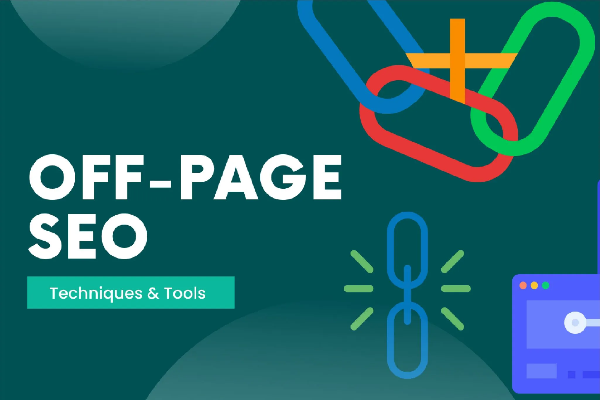 Off-Page SEO techniques and tools concept with backlink icons and digital marketing elements.