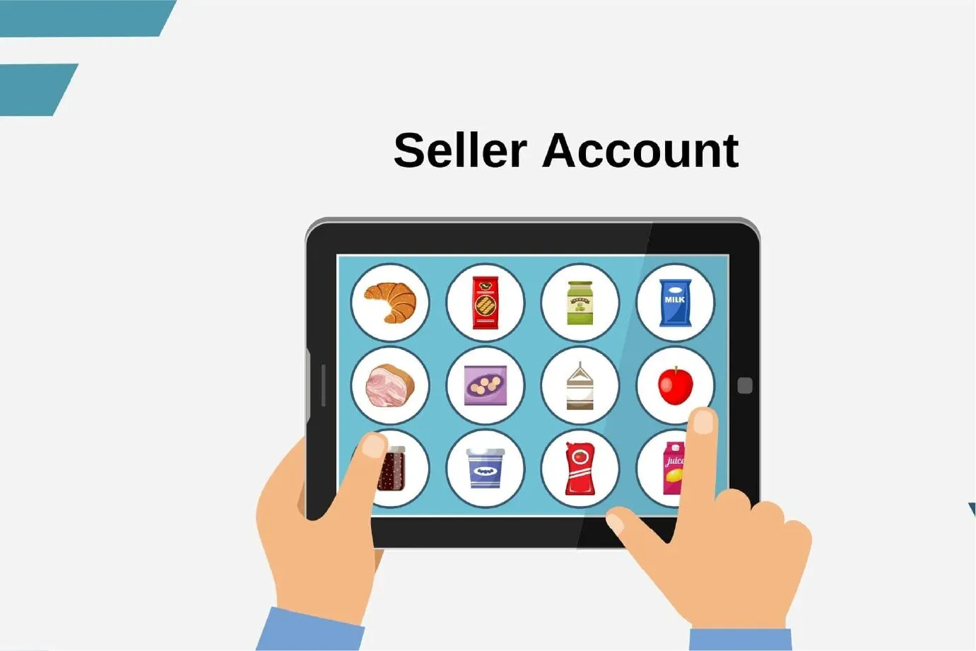 Hands using tablet with grocery product icons for seller account